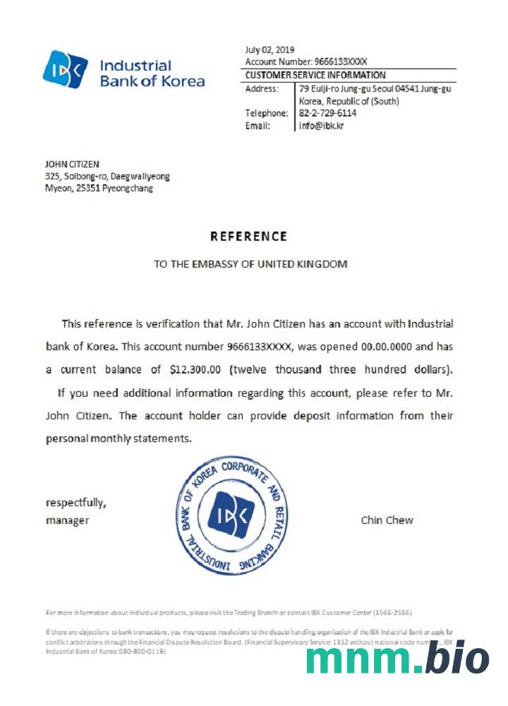 Przykład odniesienia do koreańskiego banku Przemysłowego w formatach Word i PDF